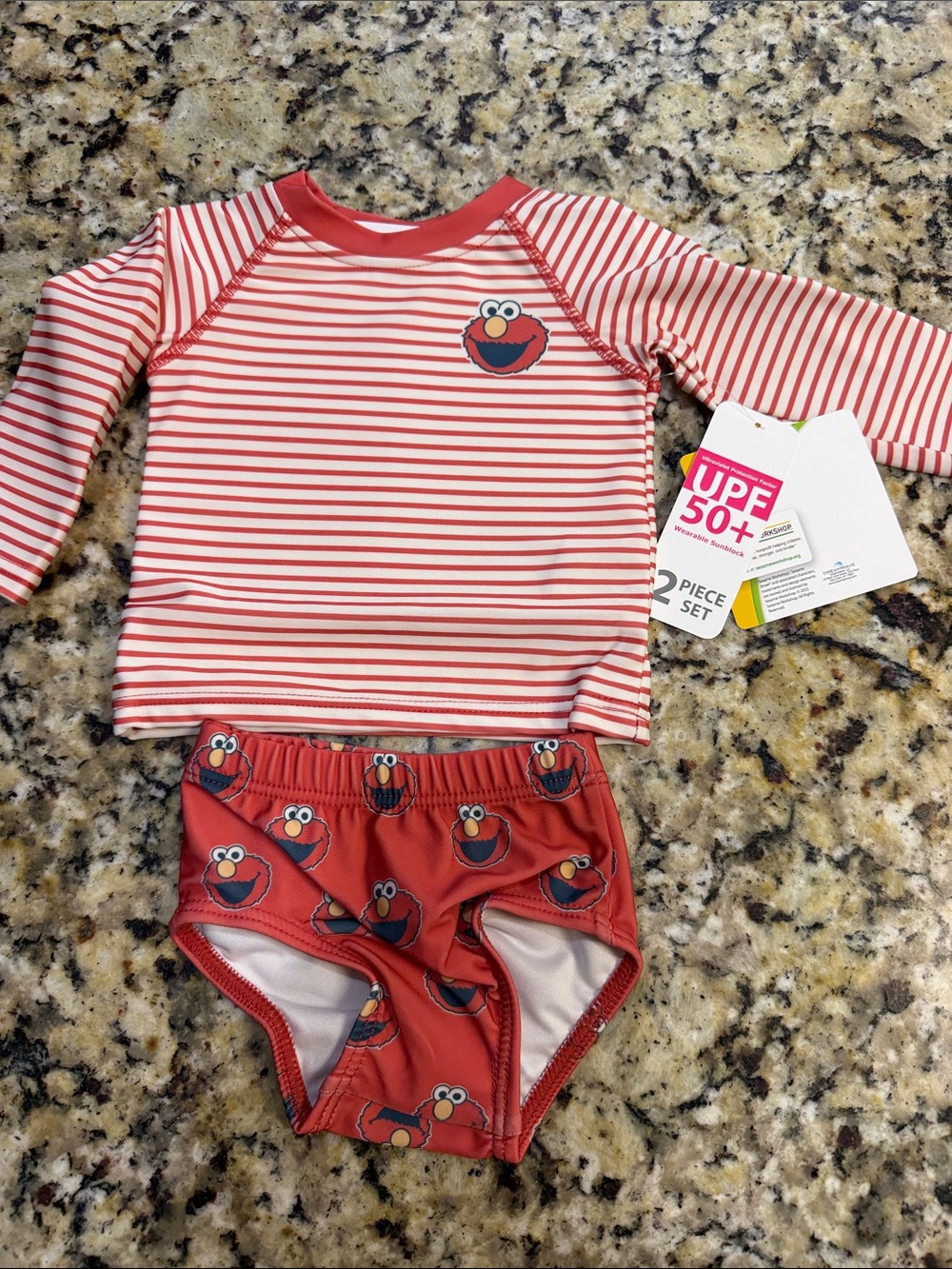 Sesame Street Red & White Striped Elmo Kids Rashguard Two-Piece Swim Set